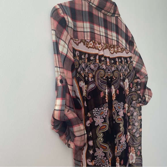 Band Of Gypsies Sheer Mixed Print Button Up Blouse - Picture 8 of 15